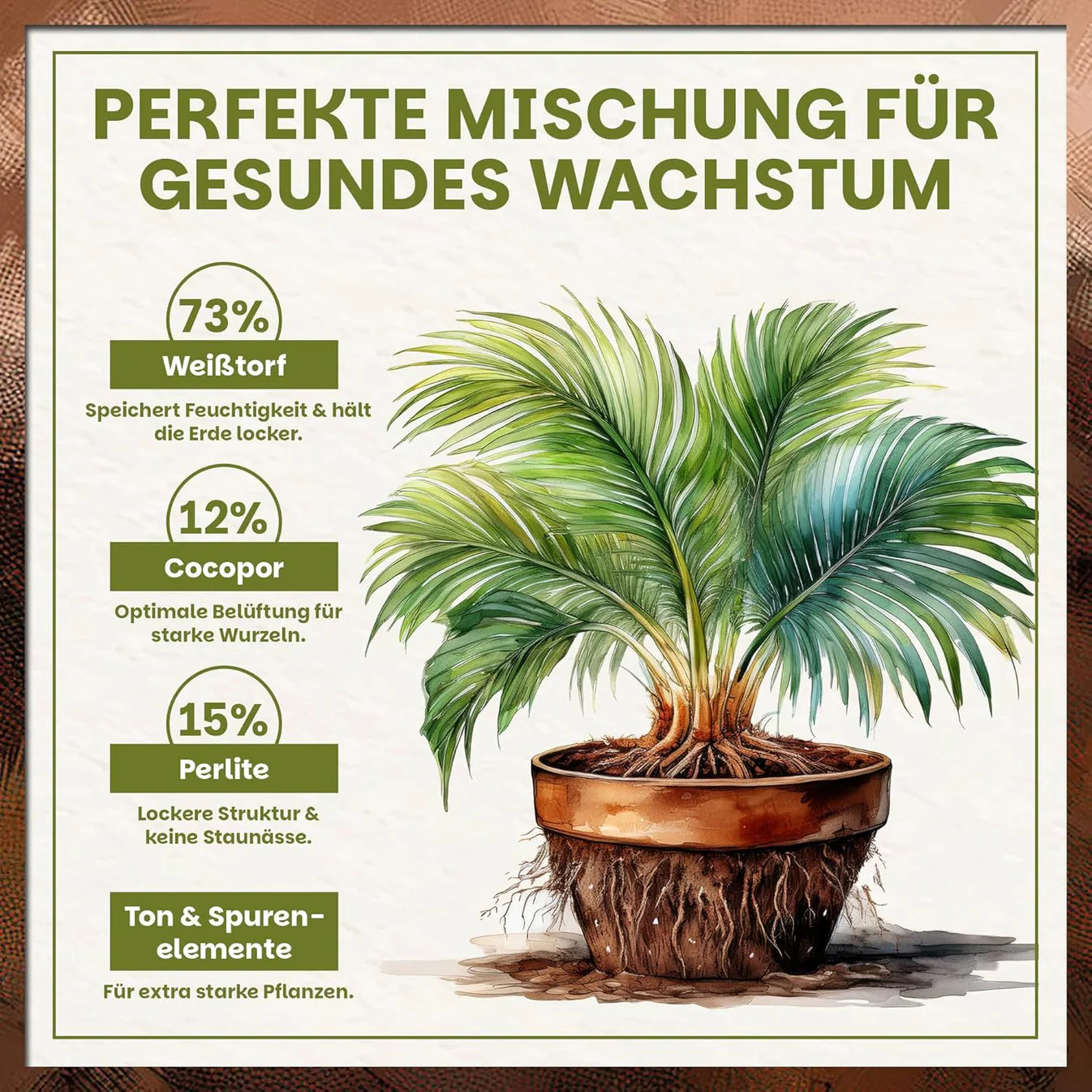 Grafik zur Zusammensetzung der Green Home Palmenerde mit Weißtorf, Cocopor, Perlite sowie Ton und Spurenelementen für gesundes Wachstum