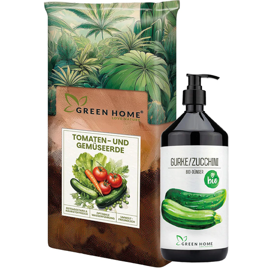 Green Home Gurken & Zucchini Bundle mit Tomaten- und Gemüseerde sowie Bio-Dünger vor weißem Hintergrund