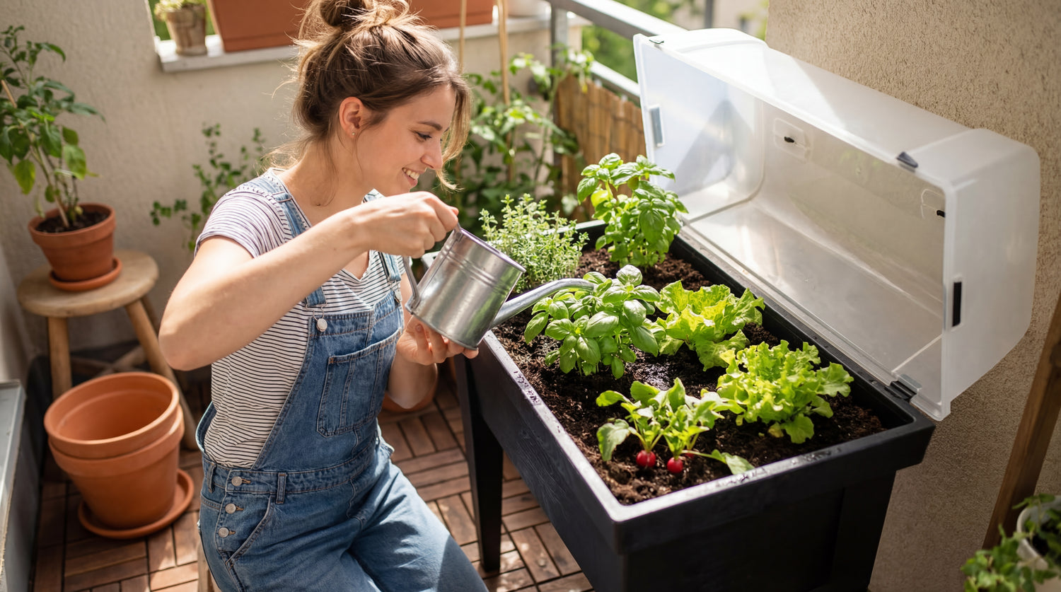 Frau gießt Kräuter und Salat in einem Green Home Hochbeet auf dem Balkon mit einer kleinen Metallgießkanne.