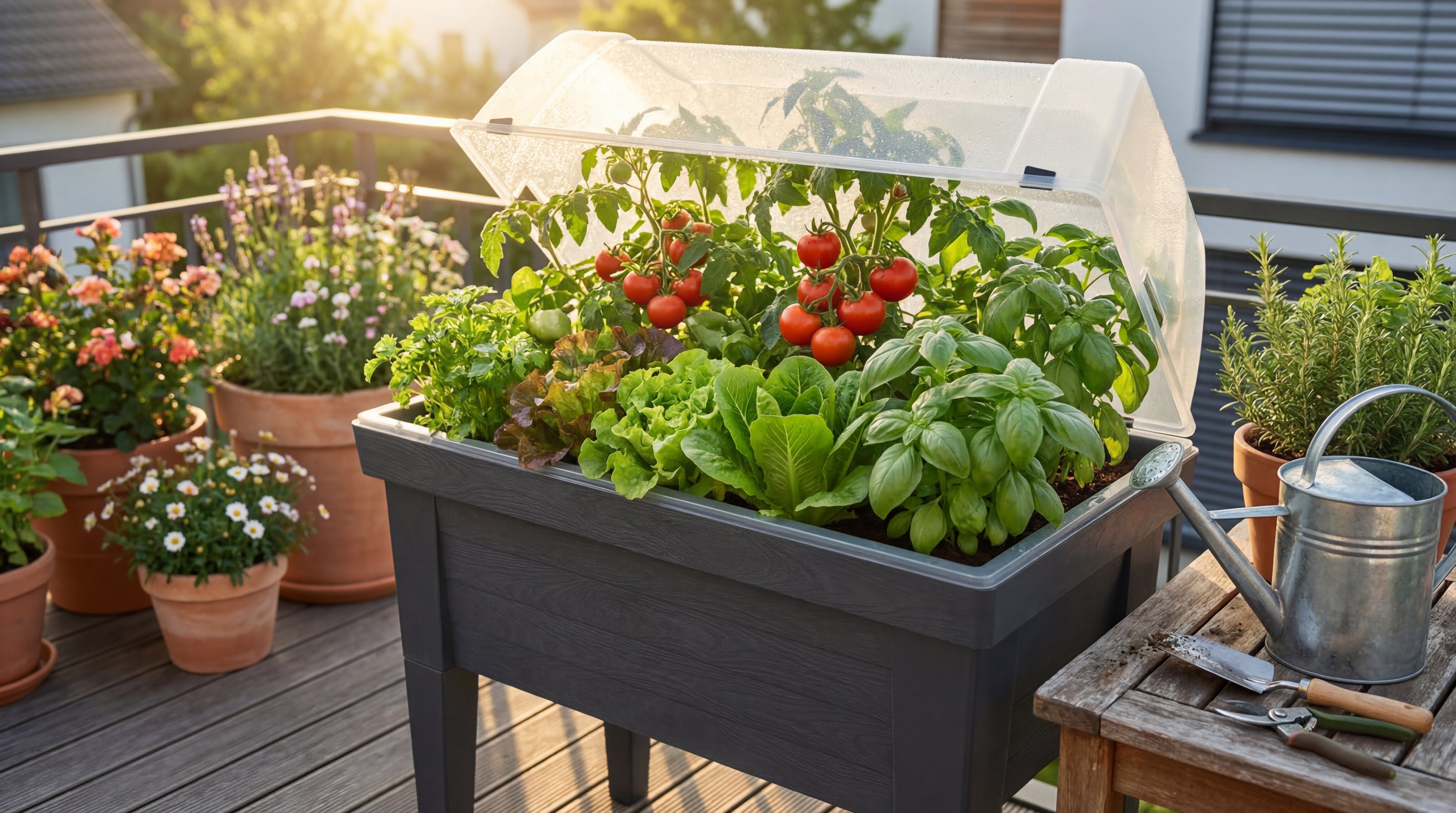 Green Home Hochbeet auf einer sonnigen Terrasse mit gewachsenen Tomaten, Salat und Kräutern unter transparentem Deckel.