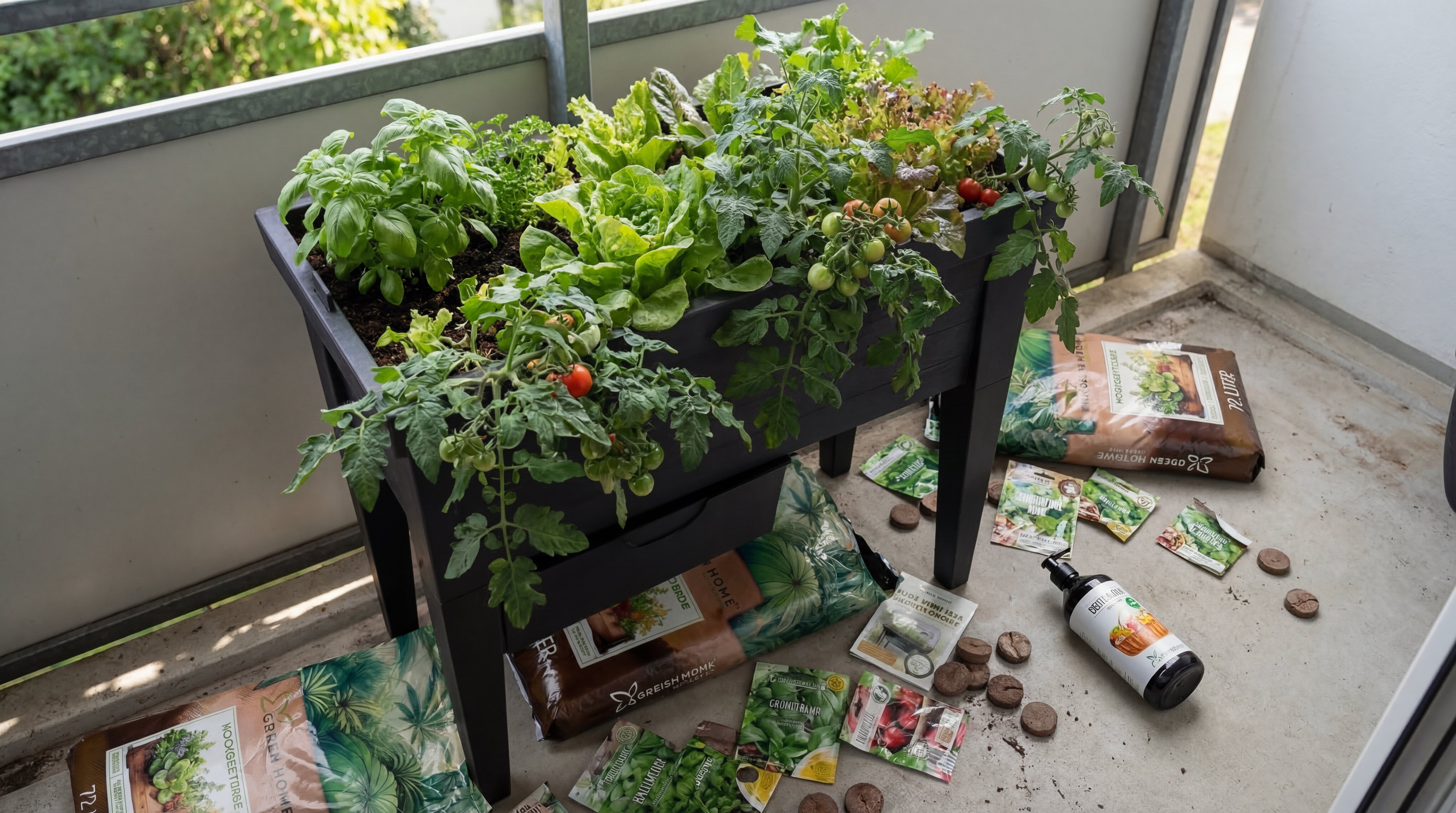 Green Home Hochbeet auf einem Balkon mit dicht gewachsenen Kräutern, Salat und Tomatenpflanzen.