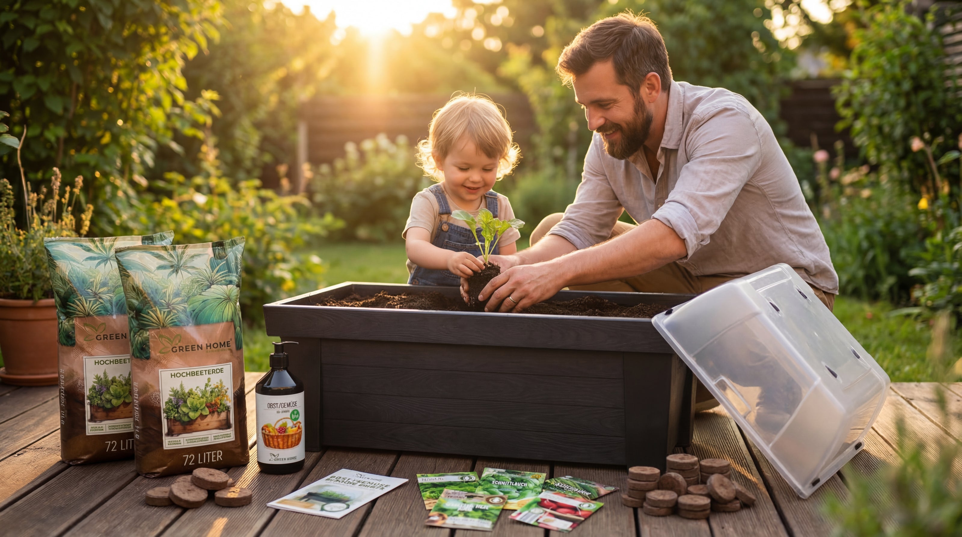 Vater und Kind pflanzen gemeinsam Setzling in ein Green Home Hochbeet auf einer Terrasse, daneben Erde, Samen und Zubehör.
