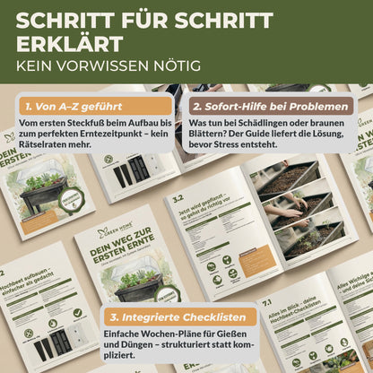 Aufgeschlagenes Green Home Hochbeet Komplettset Anleitungsbuch mit Schritt-für-Schritt-Erklärungen, Bildern zum Aufbau und integrierten Checklisten