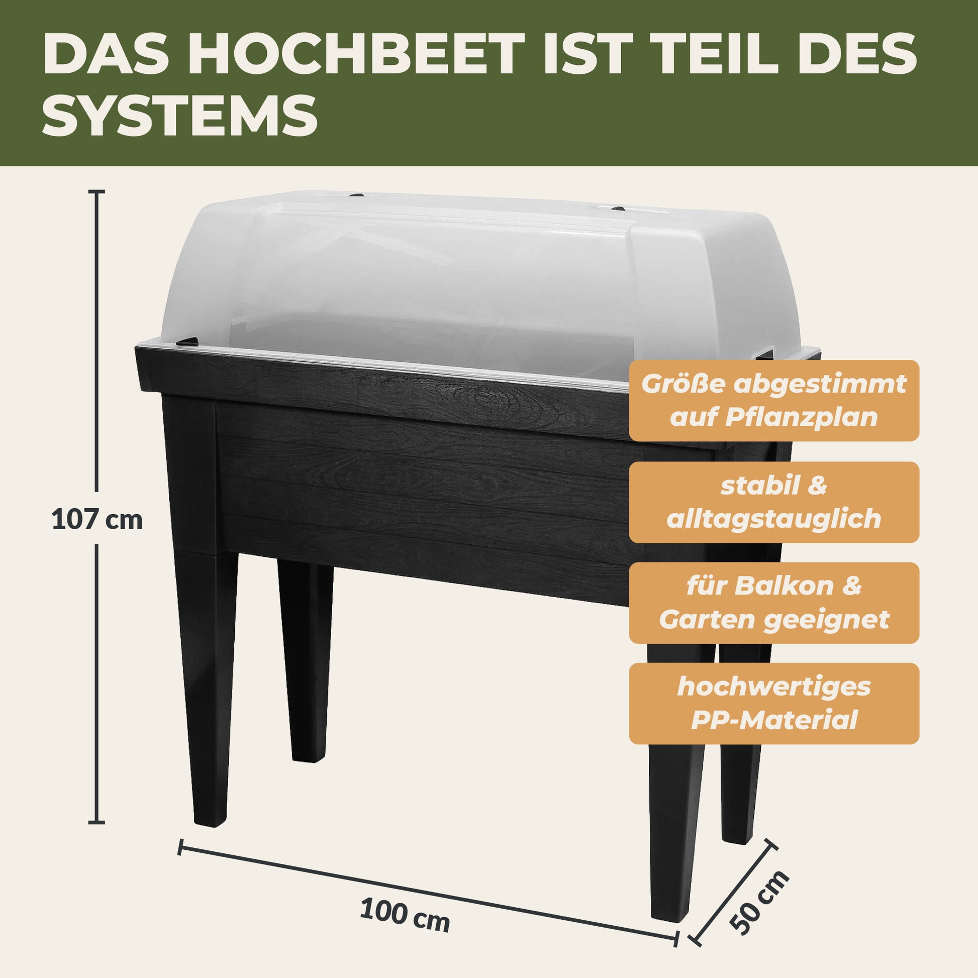 Green Home Hochbeet aus Kunststoff mit transparenter Abdeckung und eingezeichneten Maßen von 107 cm Höhe, 100 cm Breite und 50 cm Tiefe