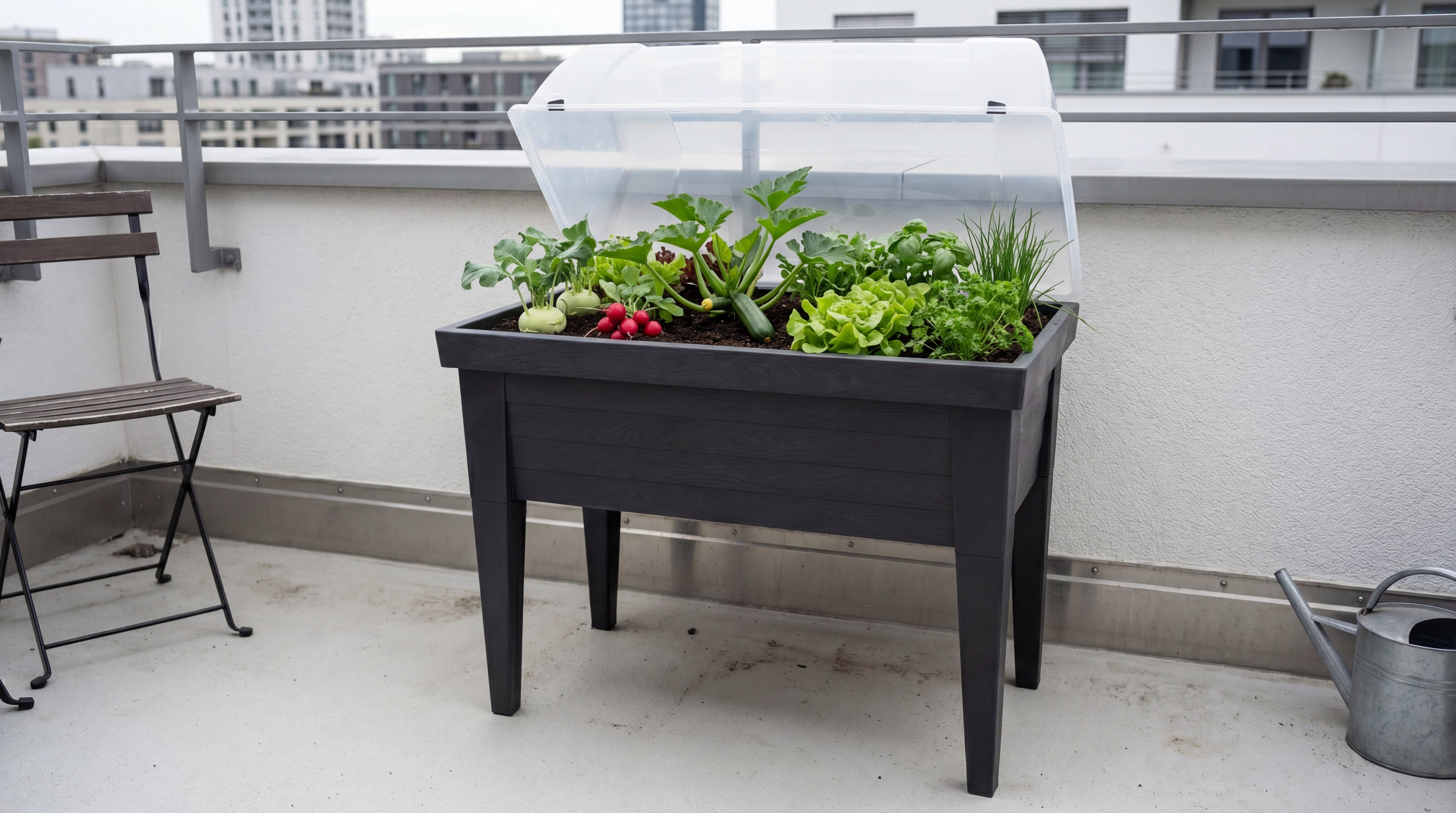 Nachher: Green Home XXL Hochbeet Komplettset in Anthrazit mit transparentem Deckel und üppiger Ernte aus Kohlrabi, Radieschen, Salat und Kräutern auf demselben Stadtbalkon