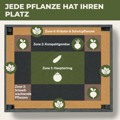 Pflanzplan im Green Home Hochbeet mit markierten Zonen für Hauptertrag, Kompaktgemüse, schnell wachsende Pflanzen und Kräuter