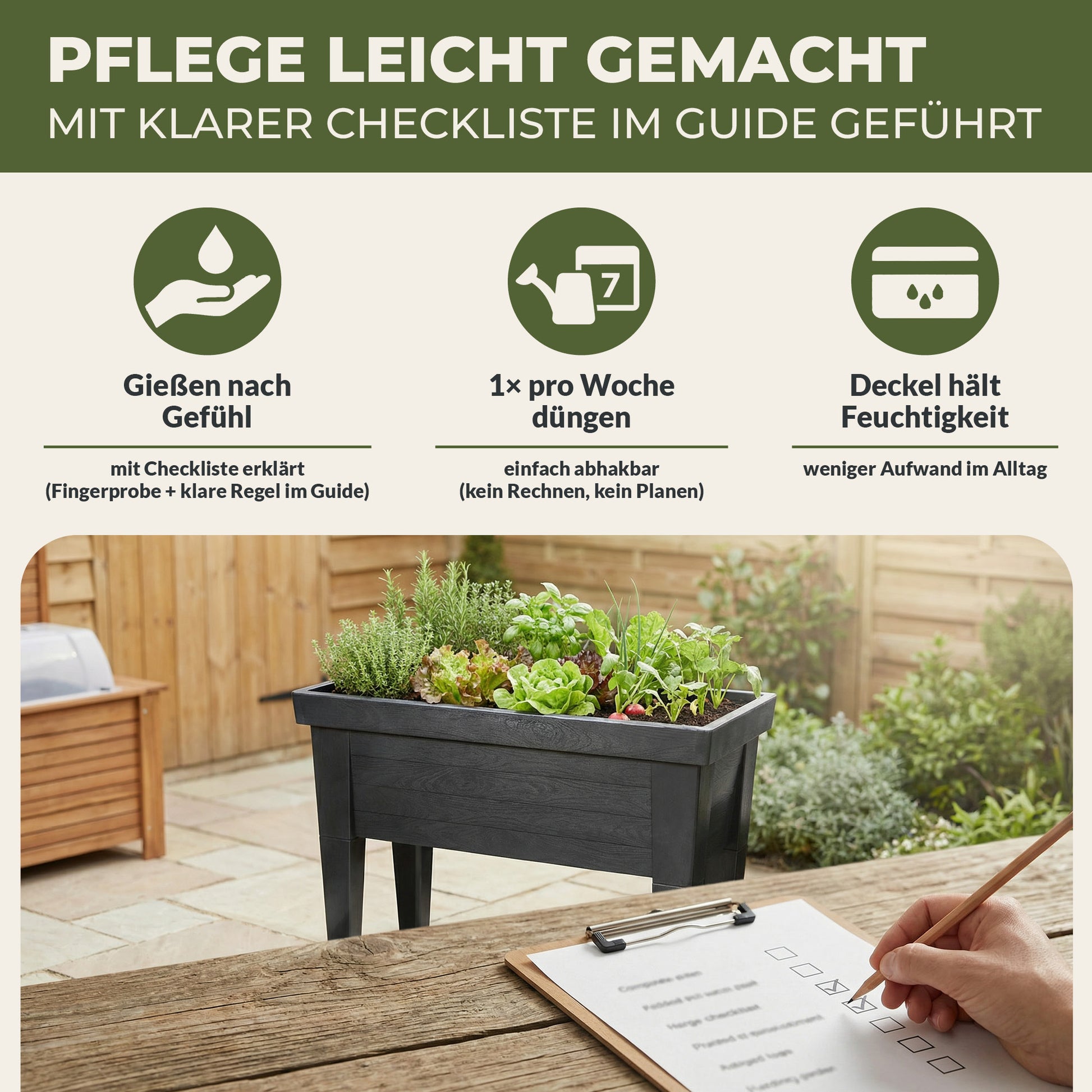 Green Home Hochbeet mit wachsenden Kräutern und Gemüse im Garten sowie Pflegehinweisen zu Gießen, Düngen und Feuchtigkeit durch die Abdeckung