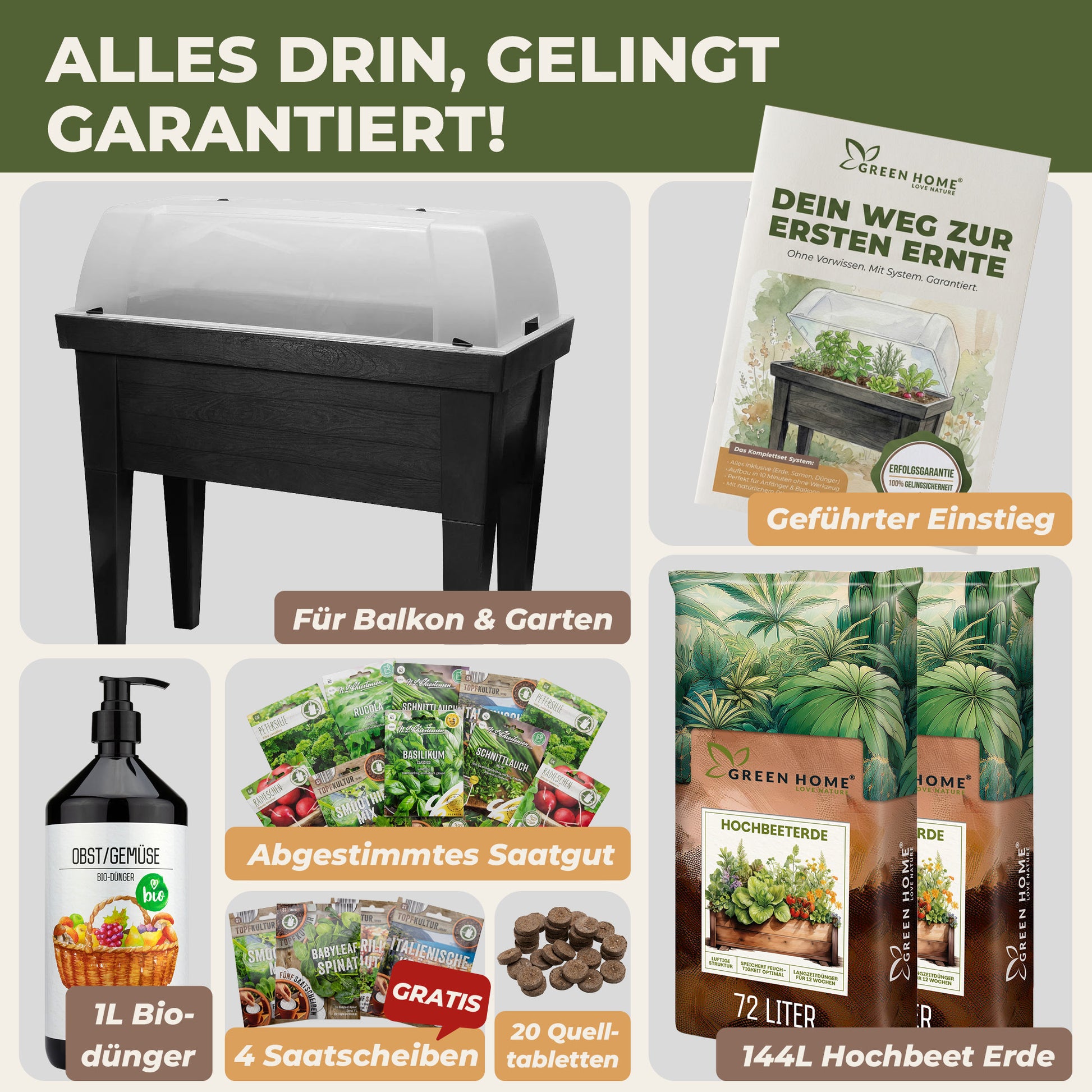 Green Home Hochbeet Komplettset mit Hochbeet, Haube, Hochbeeterde, Bio-Dünger, Saatgut, Quelltabletten und Anleitung im Überblick