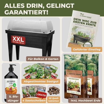Green Home Hochbeet Komplettset mit Hochbeet, Haube, Hochbeeterde, Bio-Dünger, Saatgut, Quelltabletten und Anleitung im Überblick