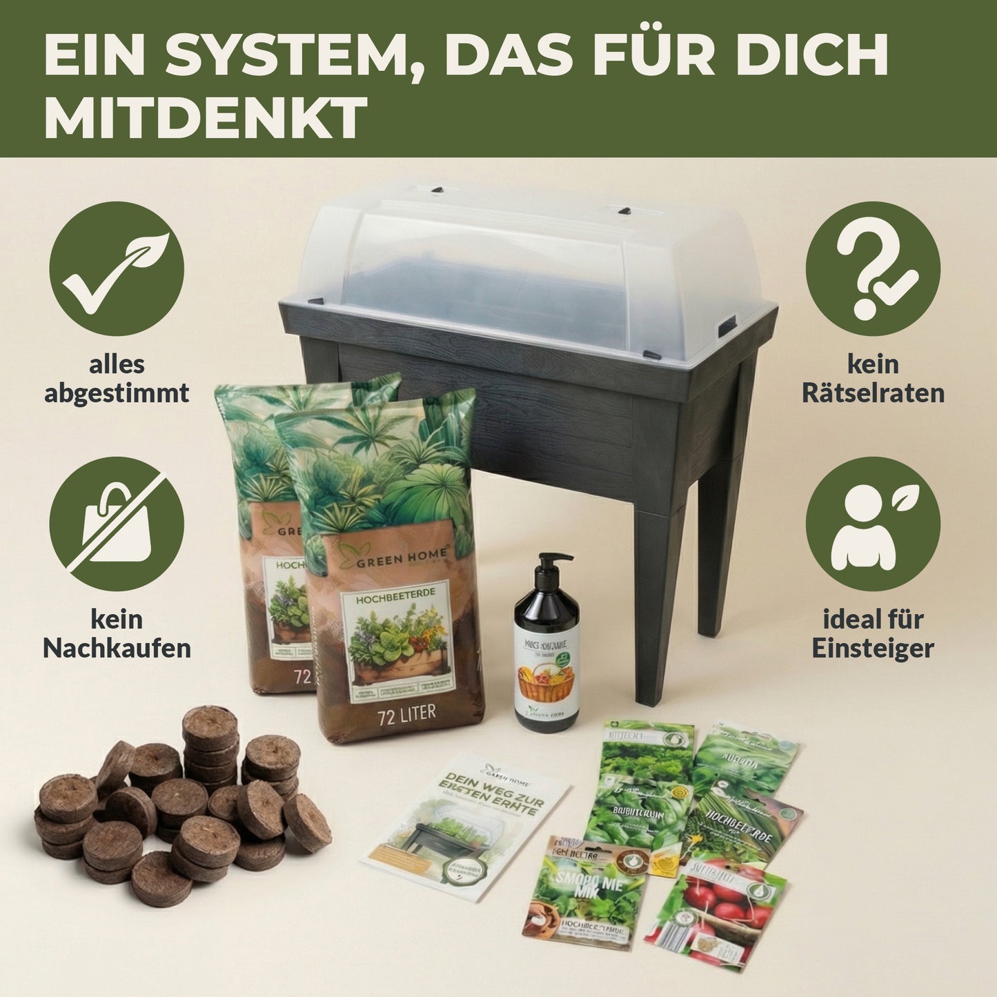 Alle Bestandteile des Green Home Hochbeet Komplettsets mit Hochbeet, Erde, Bio-Dünger, Saatgut, Quelltabletten und Anleitungsheft nebeneinander angeordnet