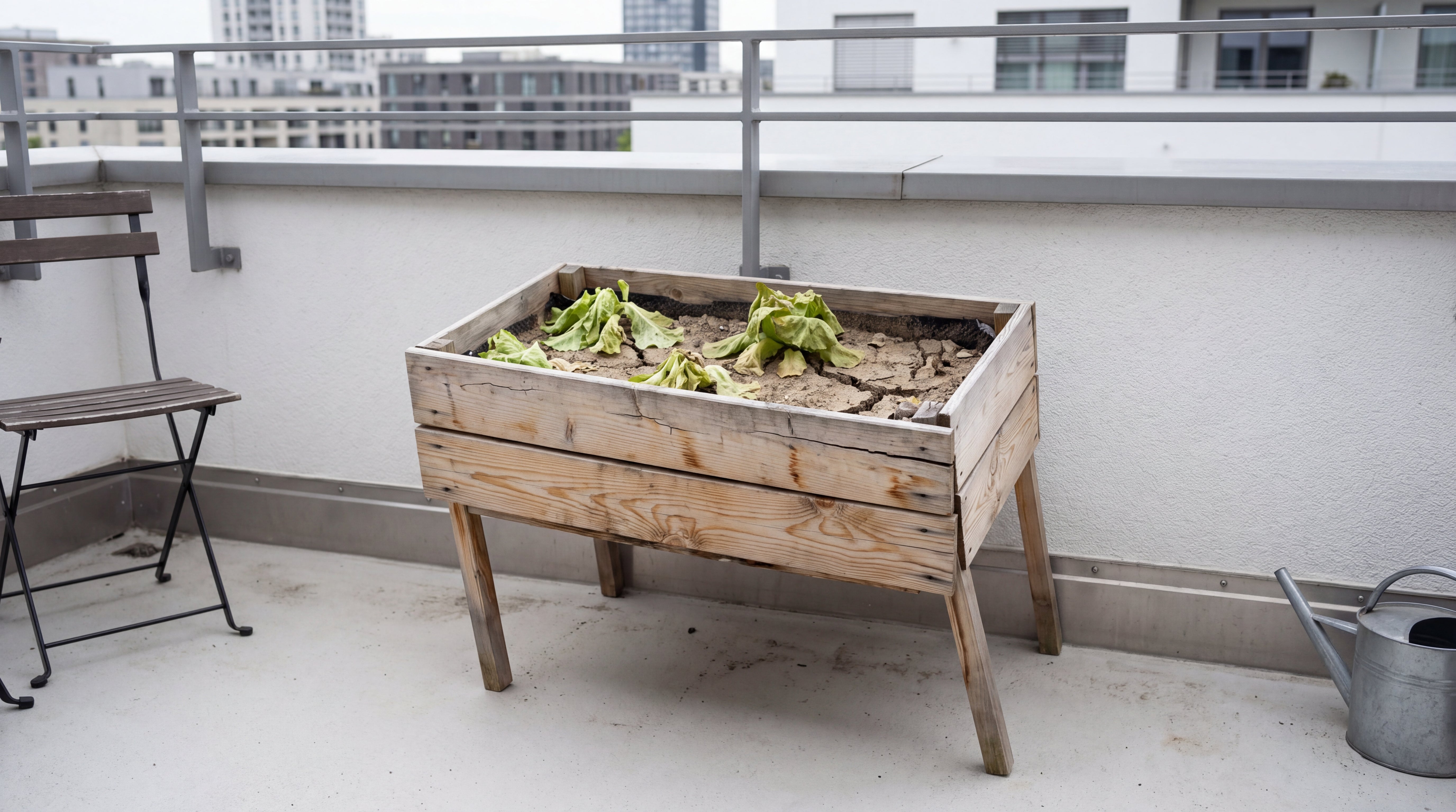 Vorher: Altes, wackliges Holz-Hochbeet mit trockener Erde und welkem Salat auf einem modernen Stadtbalkon – bereit für ein Upgrade zum Green Home Hochbeet Komplettset