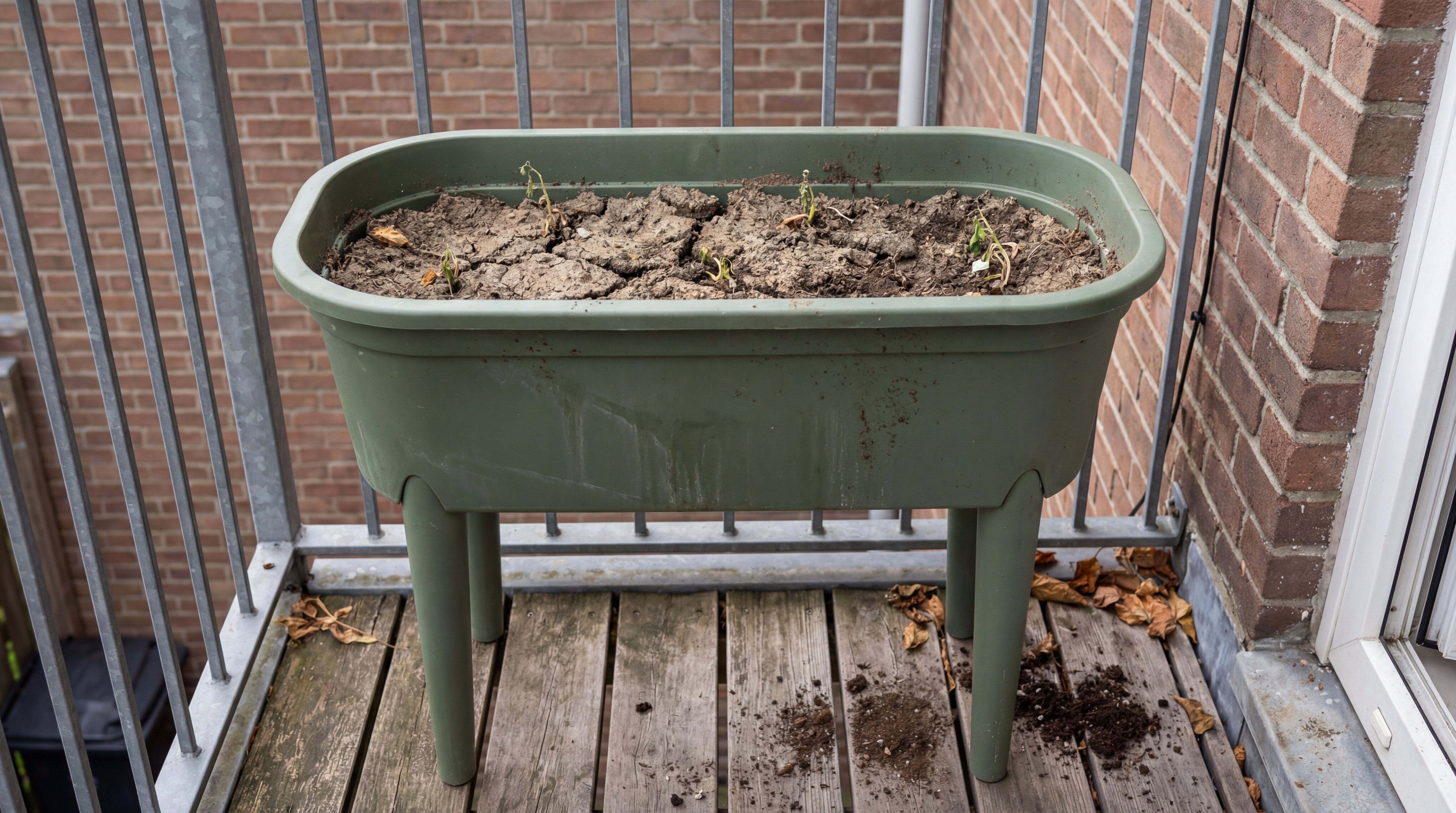 Green Home Hochbeet S mit Erde und frisch eingesetzten kleinen Pflanzen auf einem Balkon