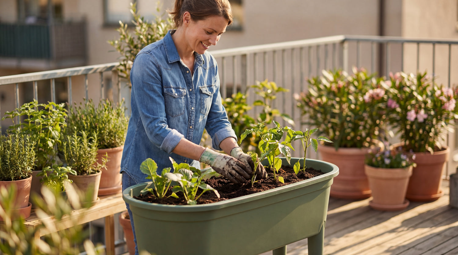 Person bepflanzt das Green Home Hochbeet S mit Gemüsepflanzen auf einer sonnigen Terrasse