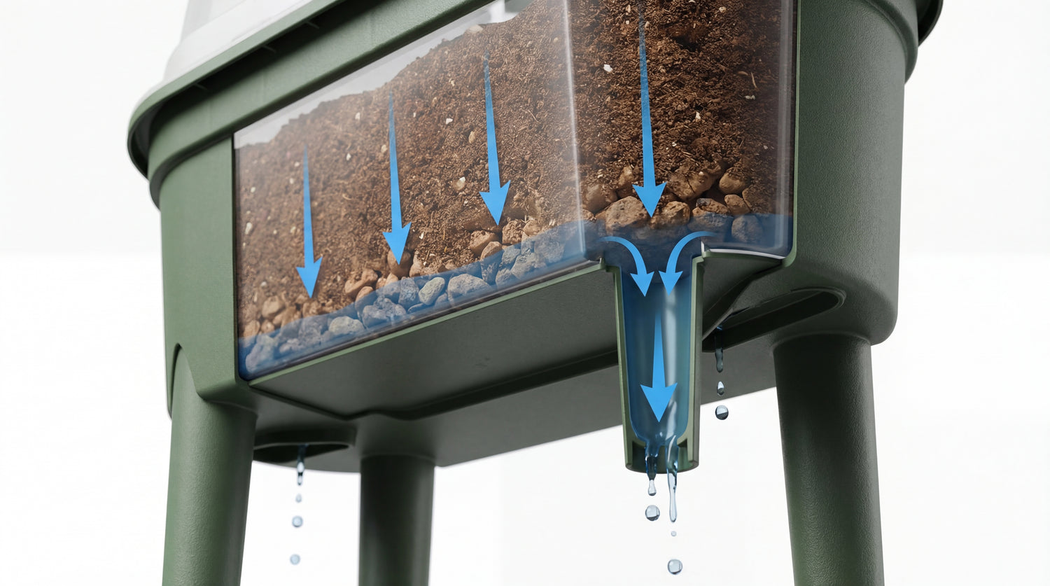 Detailansicht des Drainagesystems im Green Home Hochbeet S mit Wasserabfluss und Schichtaufbau der Erde