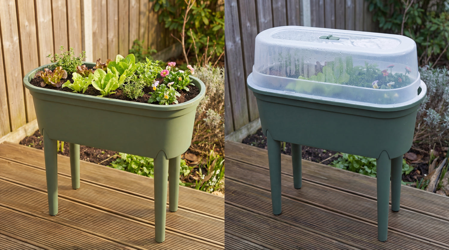 Green Home Hochbeet S im Vergleich einmal offen bepflanzt und einmal mit geschlossenem Frühbeetaufsatz im Garten