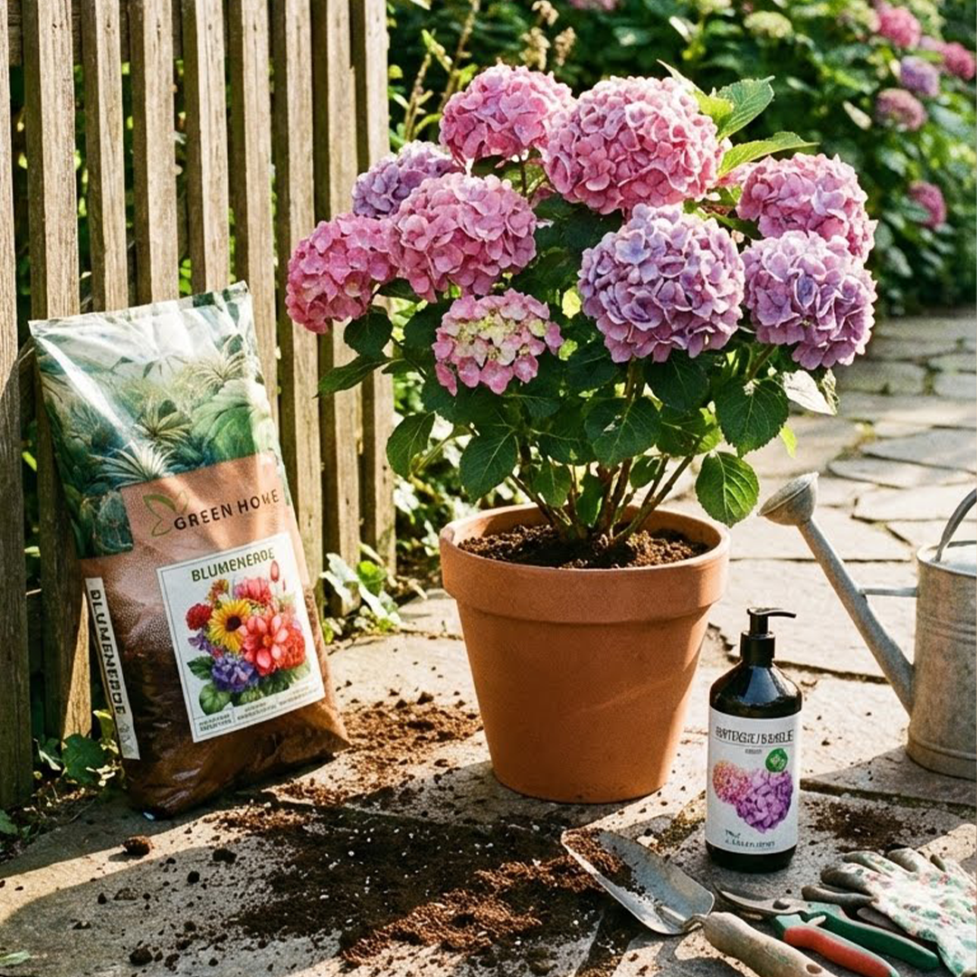 Hortensie im Topf mit Green Home Blumenerde und Bio-Dünger im Gartenbereich