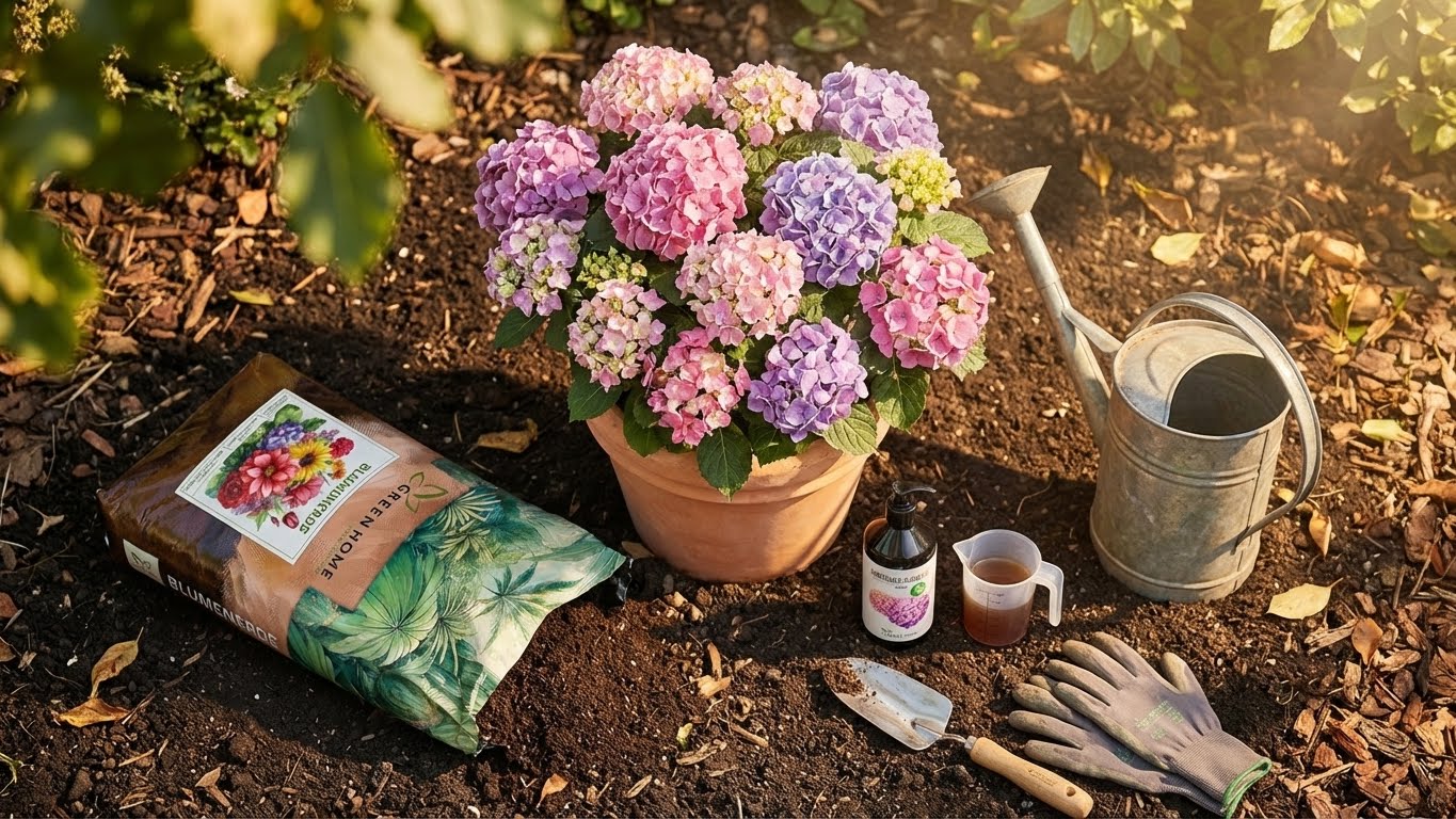 Hortensie im Topf mit Blumenerde, Bio-Dünger und Gartengeräten auf Gartenboden
