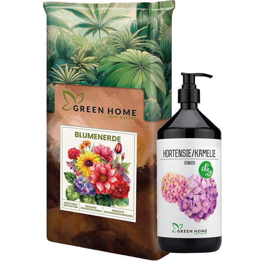 Green Home Hortensien Bundle bestehend aus Blumenerde und Bio-Dünger für Hortensien in hochwertiger Verpackung