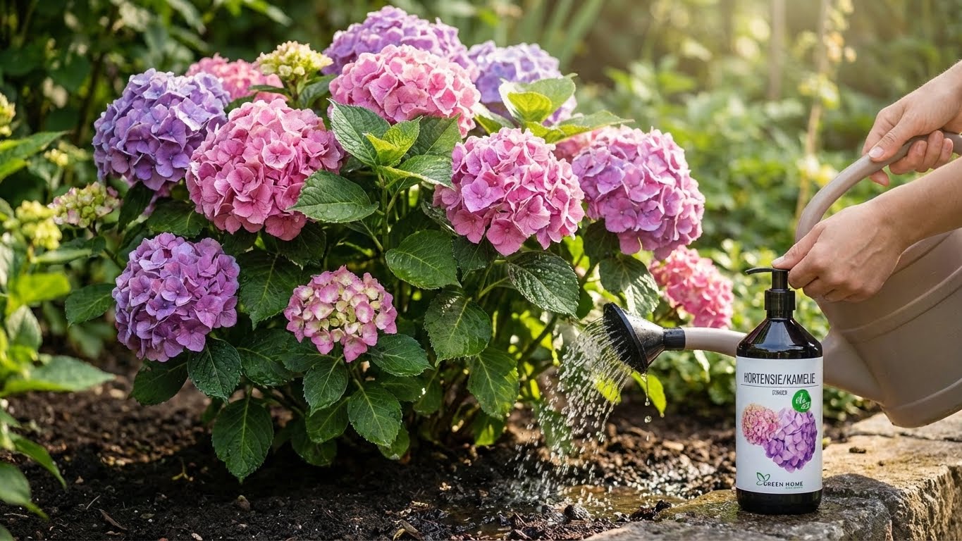 Hortensienpflanze wird mit kaliumreichem Bio-Dünger im Garten gegossen