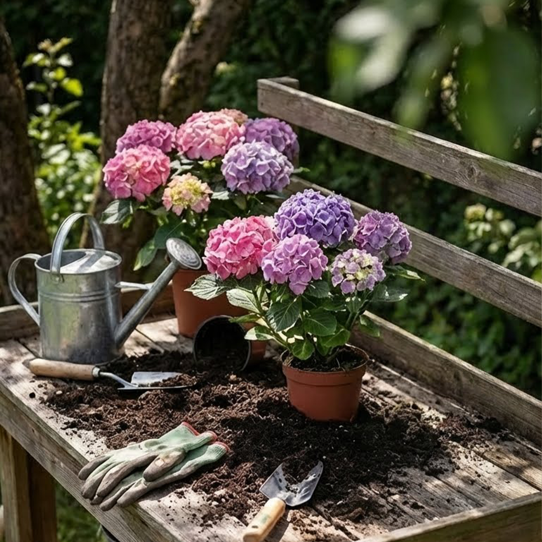 Hortensienpflanzen auf Holztisch mit Blumenerde, Gießkanne und Gartenwerkzeug
