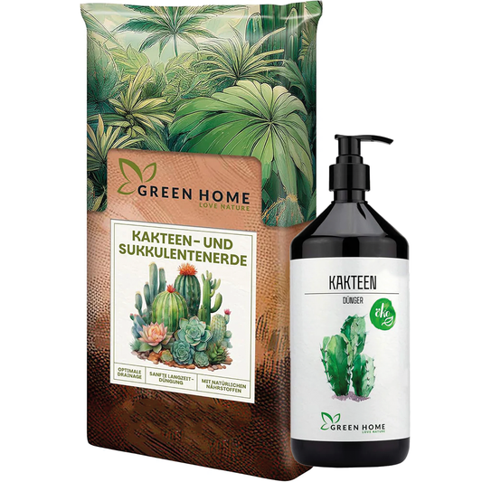 Green Home Kakteen Bundle mit Kakteen- & Sukkulentenerde sowie Bio-Dünger in Pumpflasche vor weißem Hintergrund