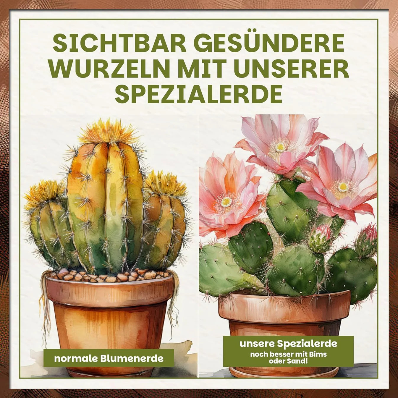 Vergleich normale Blumenerde vs. Spezialerde mit sichtbar gesünderen Wurzeln bei Kakteen