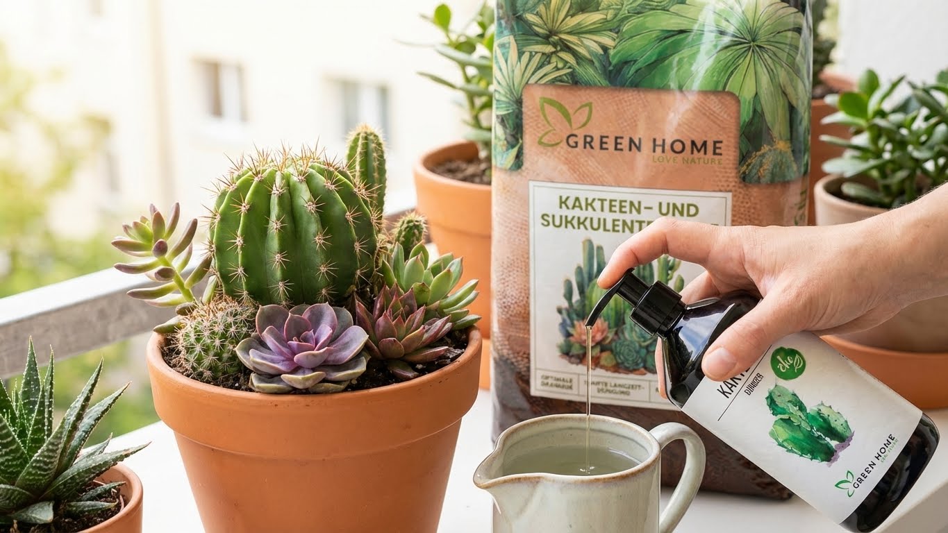 Kakteen und Sukkulenten im Topf beim Düngen mit Green Home Bio-Kakteendünger und Spezialerde
