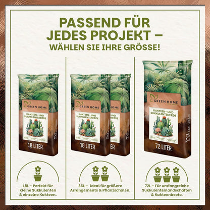 Übersicht der verfügbaren Größen der Green Home Kakteen- und Sukkulentenerde mit 18 Liter, 36 Liter und 72 Liter Verpackungen