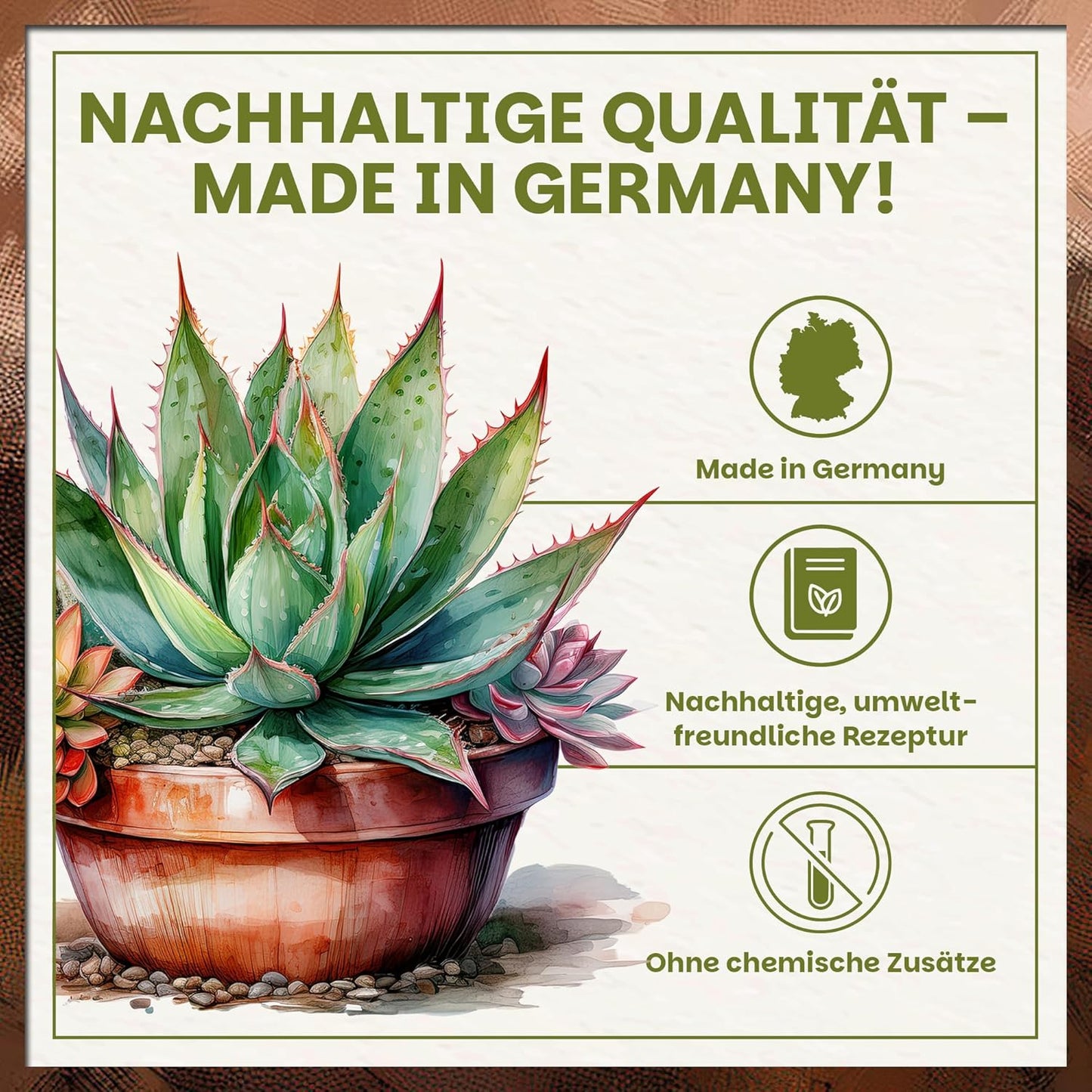 Infografik zur nachhaltigen Qualität der Green Home Kakteen- und Sukkulentenerde mit Made-in-Germany-Hinweis und chemiefreier Rezeptur