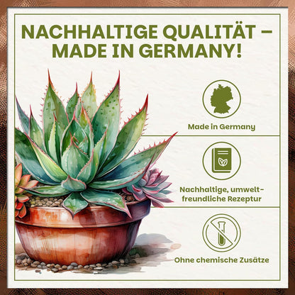 Infografik zur nachhaltigen Qualität der Green Home Kakteen- und Sukkulentenerde mit Made-in-Germany-Hinweis und chemiefreier Rezeptur