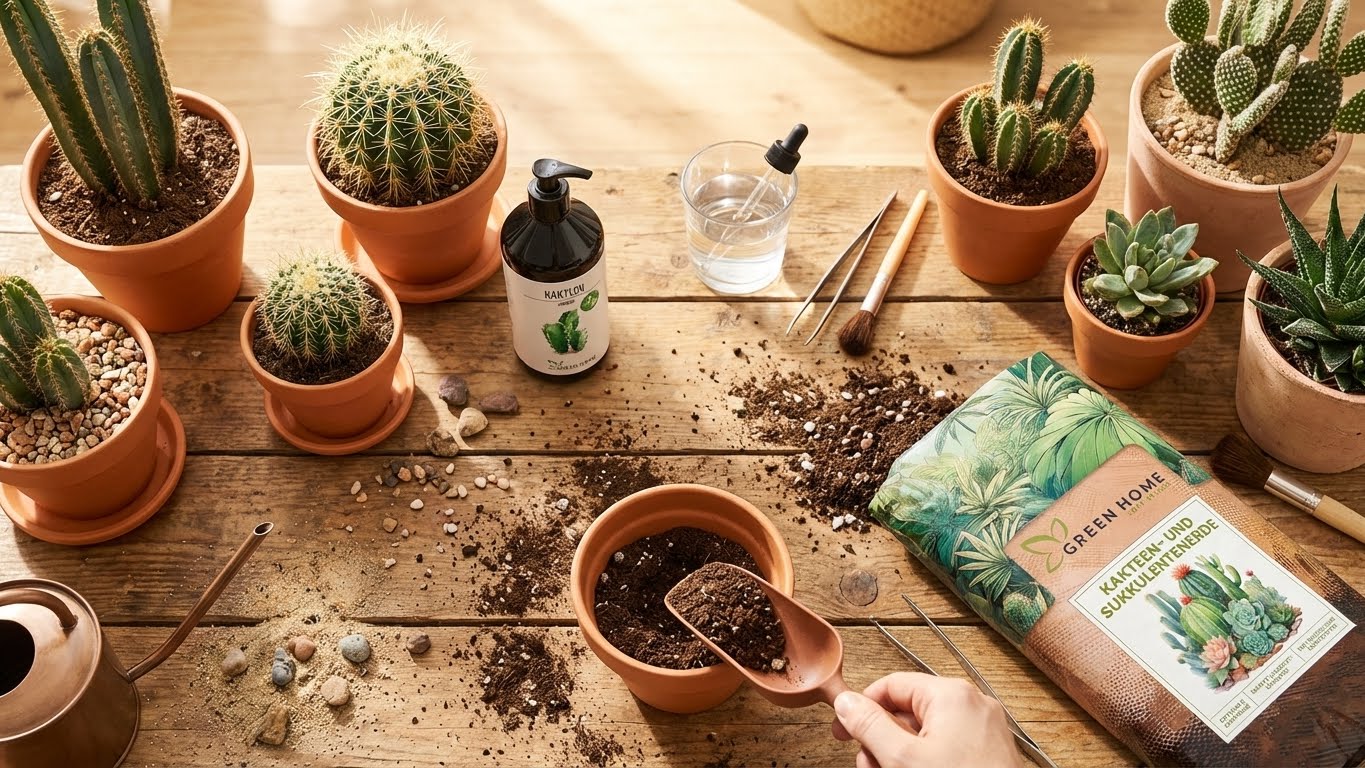 Umtopfen von Kakteen mit Green Home Kakteen- und Sukkulentenerde auf Holztisch