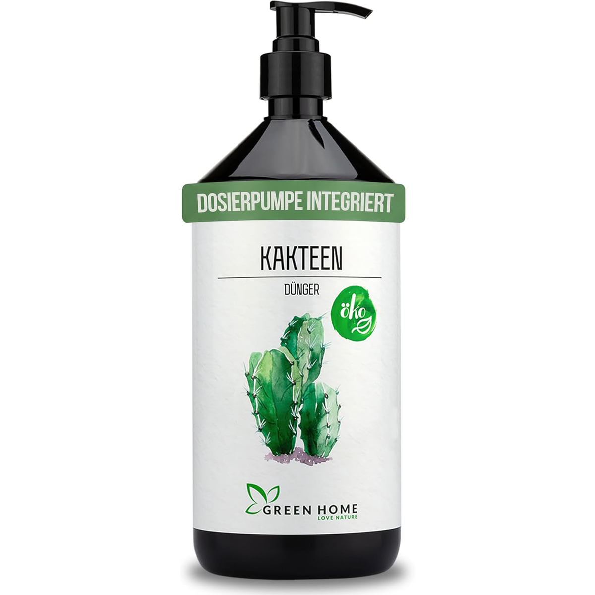 Green Home Kakteendünger Flasche mit integrierter Dosierpumpe und Kaktusillustration auf dem Etikett