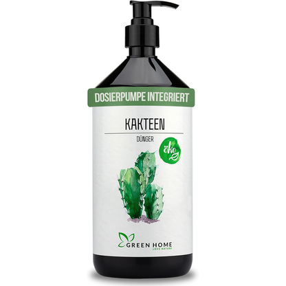 Green Home Kakteendünger Flasche mit integrierter Dosierpumpe und Kaktusillustration auf dem Etikett