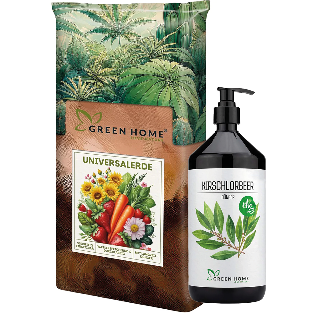 Green Home Kirschlorbeer Bundle bestehend aus Universalerde im Sack und Bio-Dünger-Flasche für kräftige Heckenpflanzen