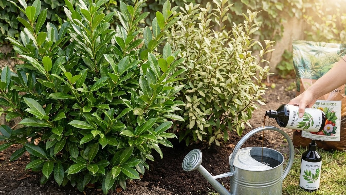 Kirschlorbeerhecke im Garten wird mit flüssigem Bio-Dünger aus der Gießkanne versorgt, Green Home Düngerflasche sichtbar