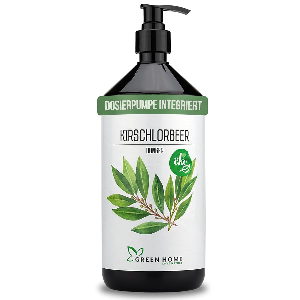 Green Home Kirschlorbeer Dünger Flasche mit Dosierpumpe freigestellt auf weißem Hintergrund