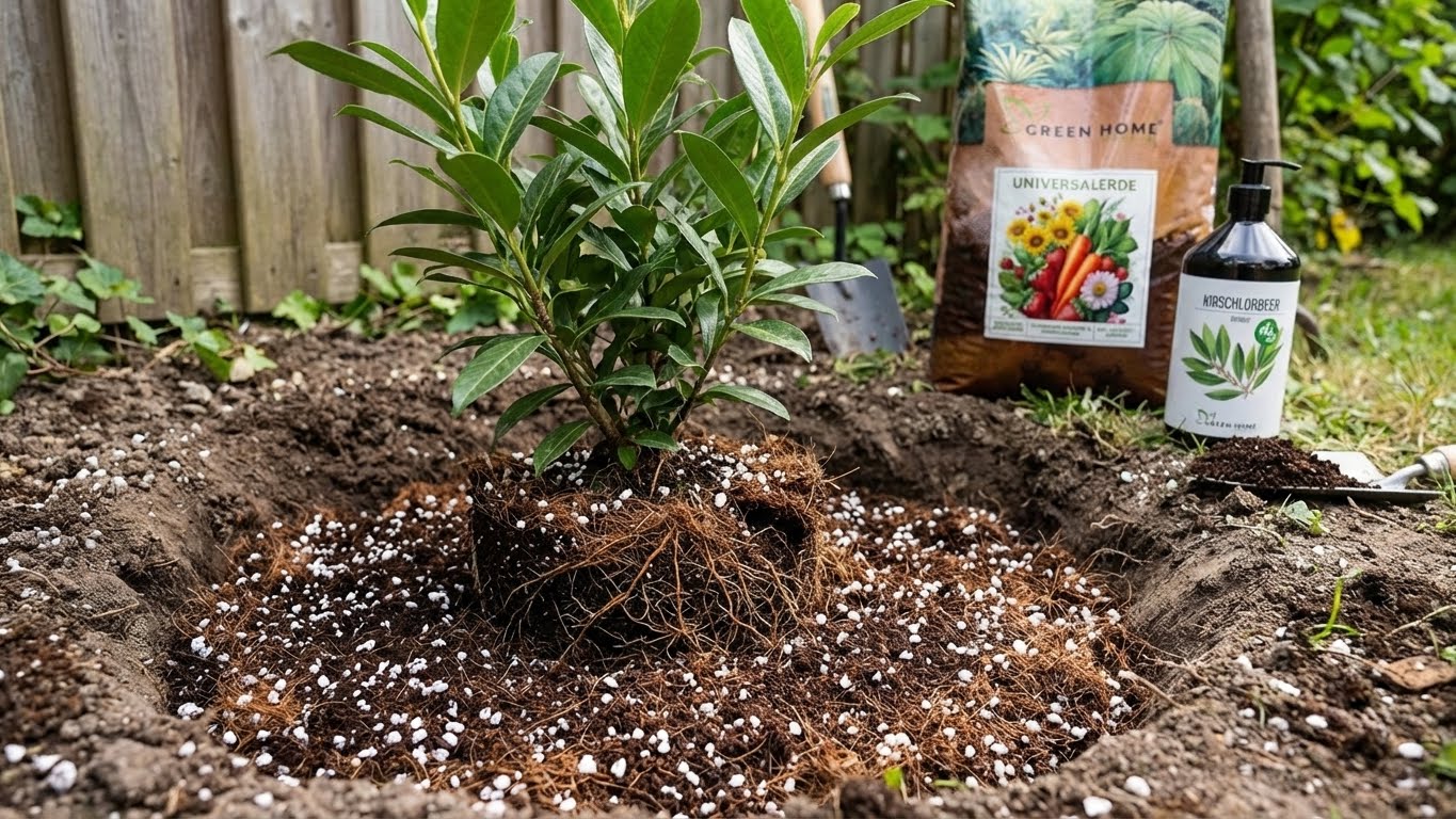 Kirschlorbeer wird mit lockerer Universalerde gepflanzt, sichtbare Wurzeln im Pflanzloch, Green Home Erde und Bio-Dünger im Hintergrund