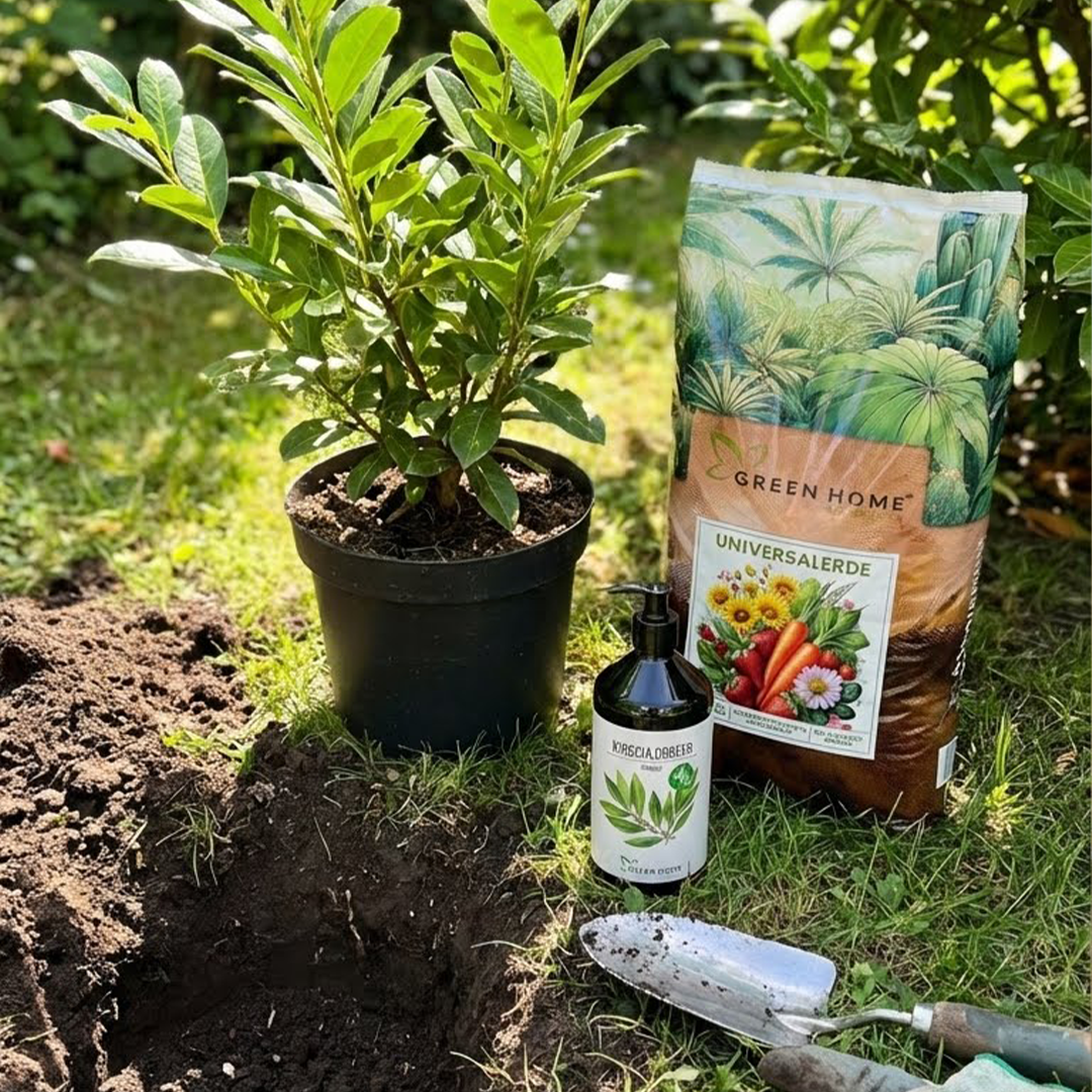 Kirschlorbeer im Pflanztopf neben Green Home Universalerde und Bio-Dünger vor der Auspflanzung im Garten