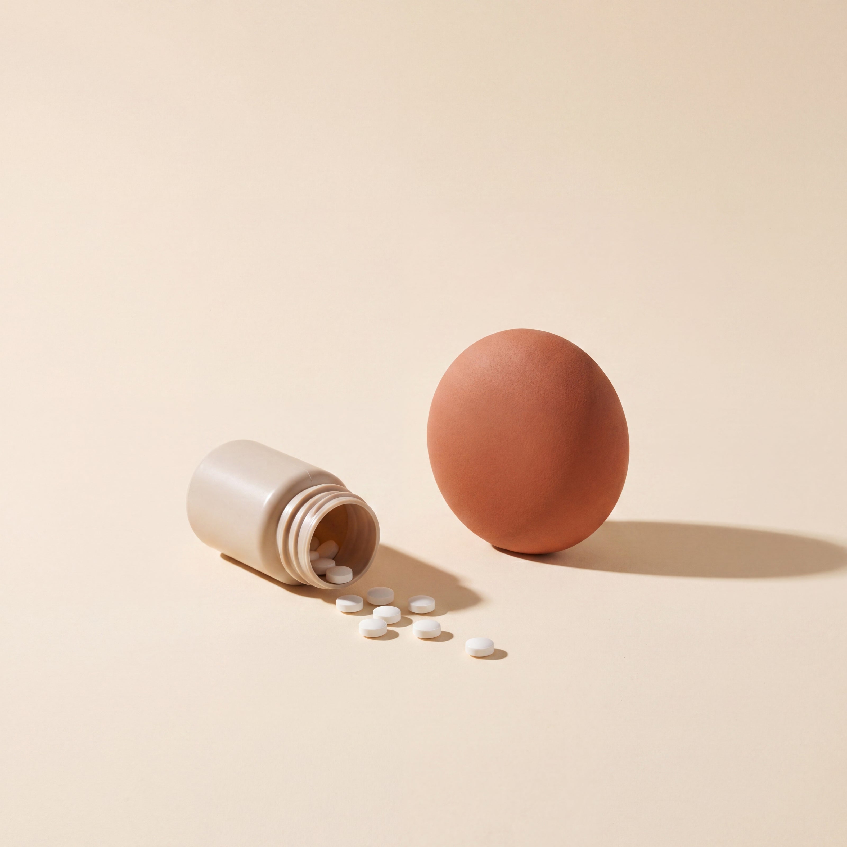 Umgekippte Pillendose neben terracotta Stein – Symbol für natürliche Alternative zu Schmerzmitteln