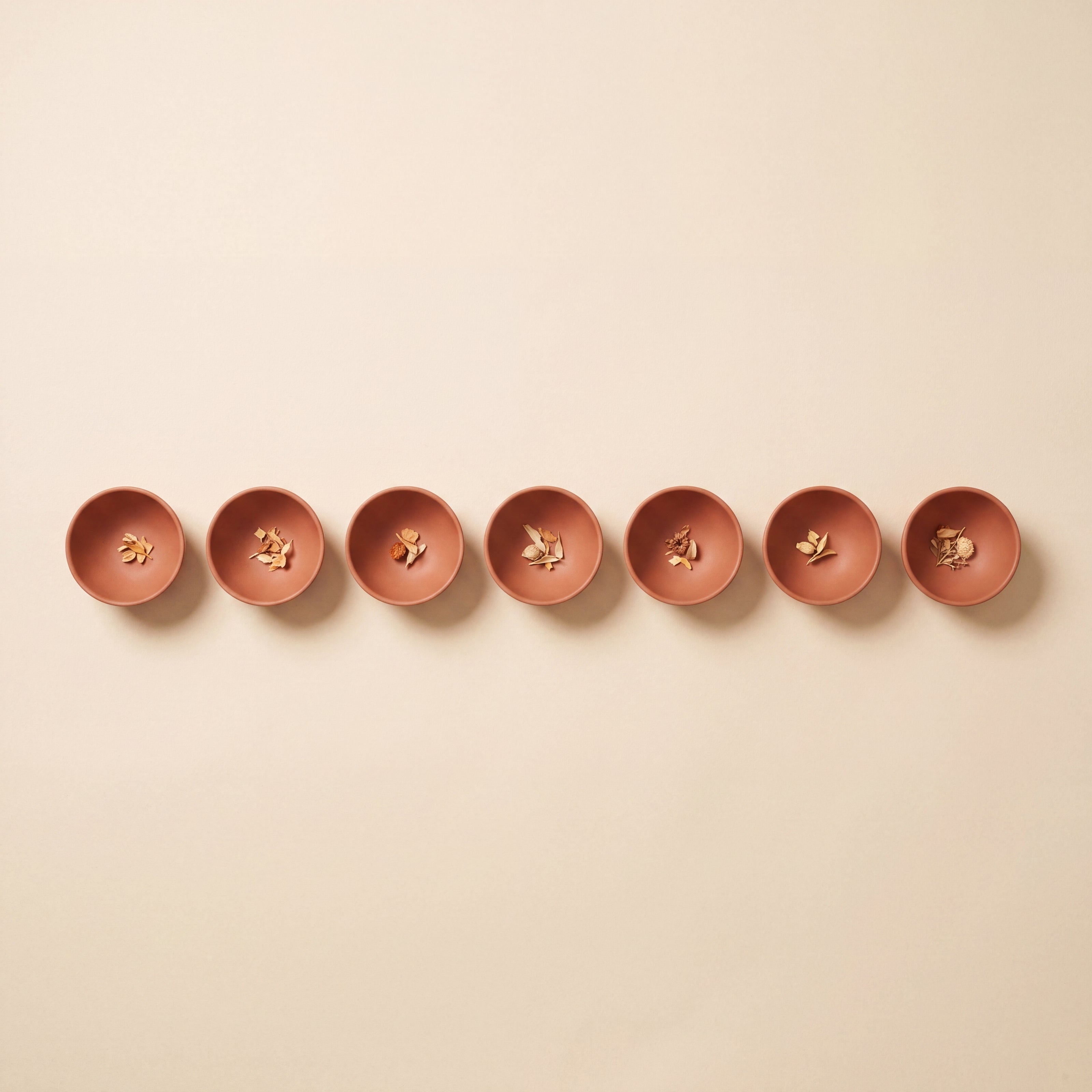 Sieben terracotta Schalen in präziser Reihe – Symbol für Regenerations-Ritual