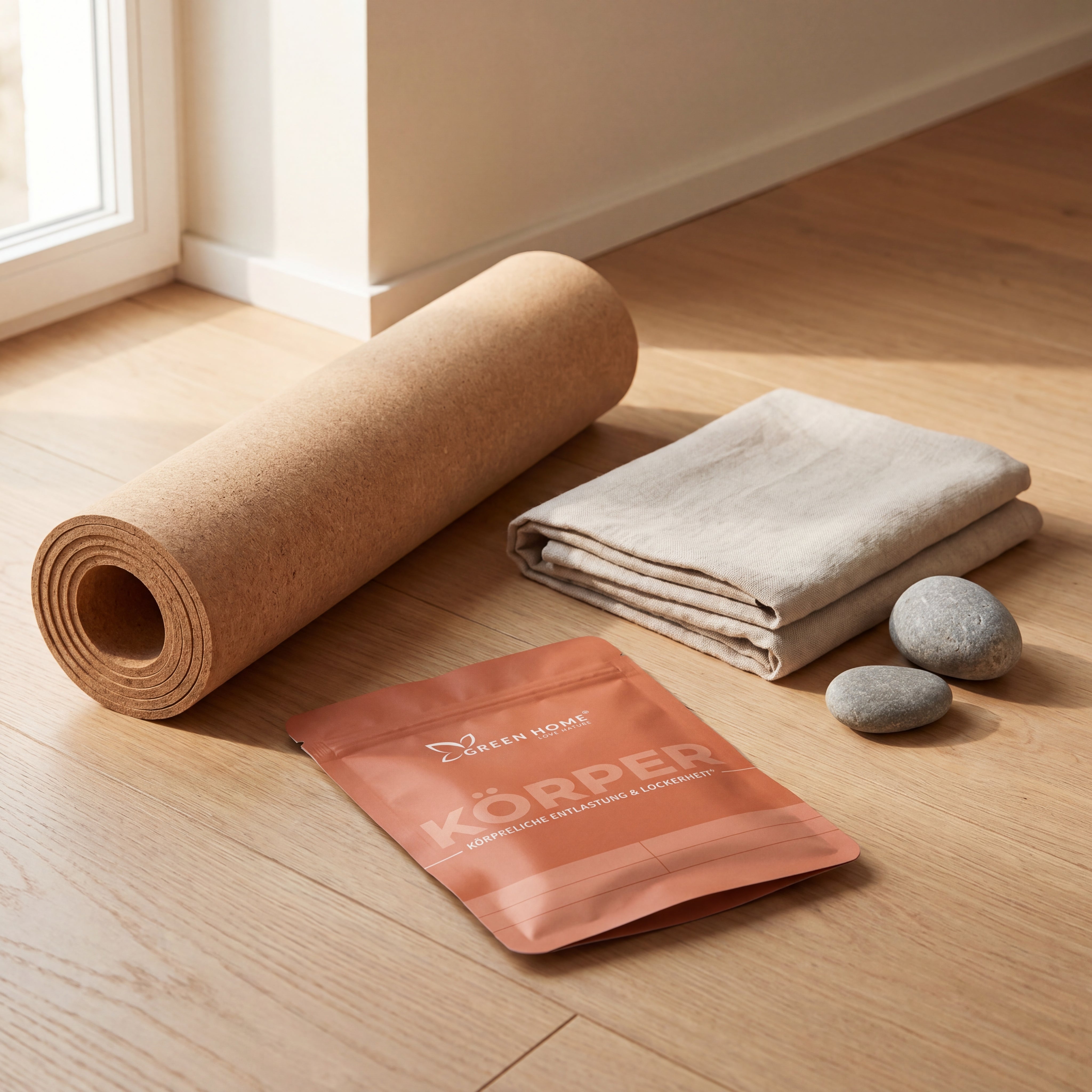 Green Home Körper Ritual Set neben Yoga-Matte mit Steinen und Handtuch