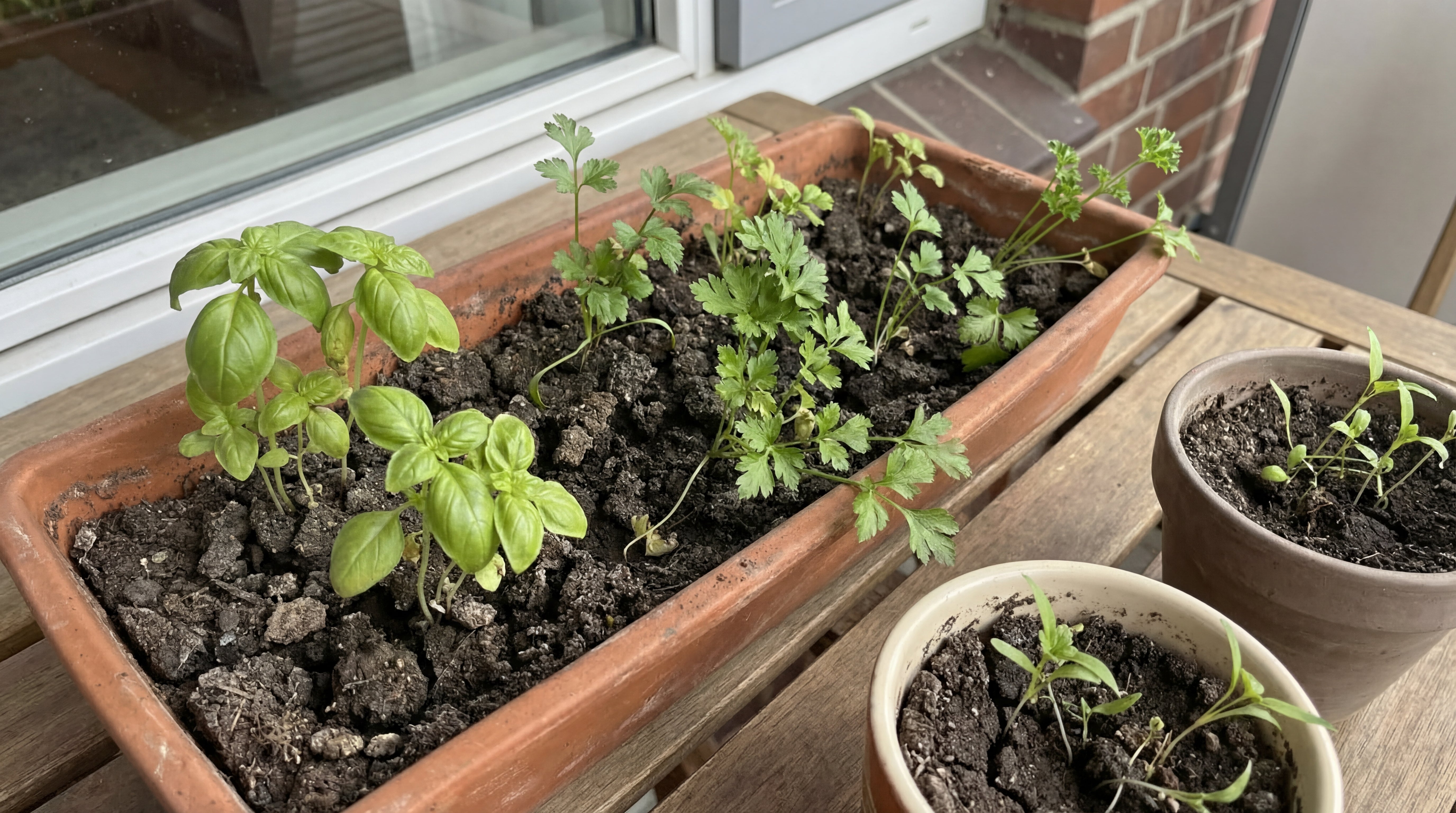 Kräftige Basilikum- und Petersilienpflanzen im Balkonkasten nach erfolgreicher Anzucht in Spezialerde.