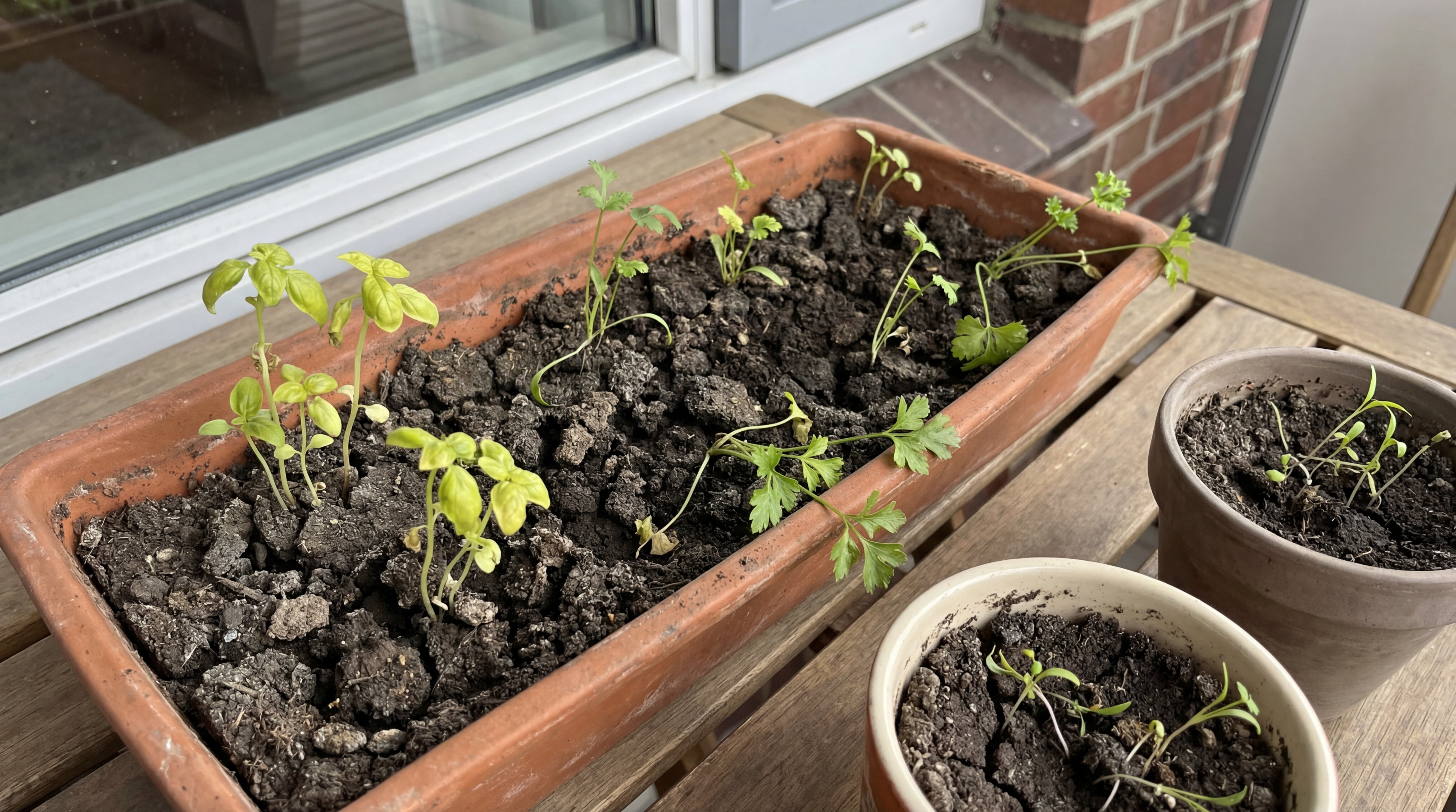 Junge Kräuterpflanzen wachsen in Balkonkästen mit strukturstabiler Anzuchterde für gesunde Keimlinge.