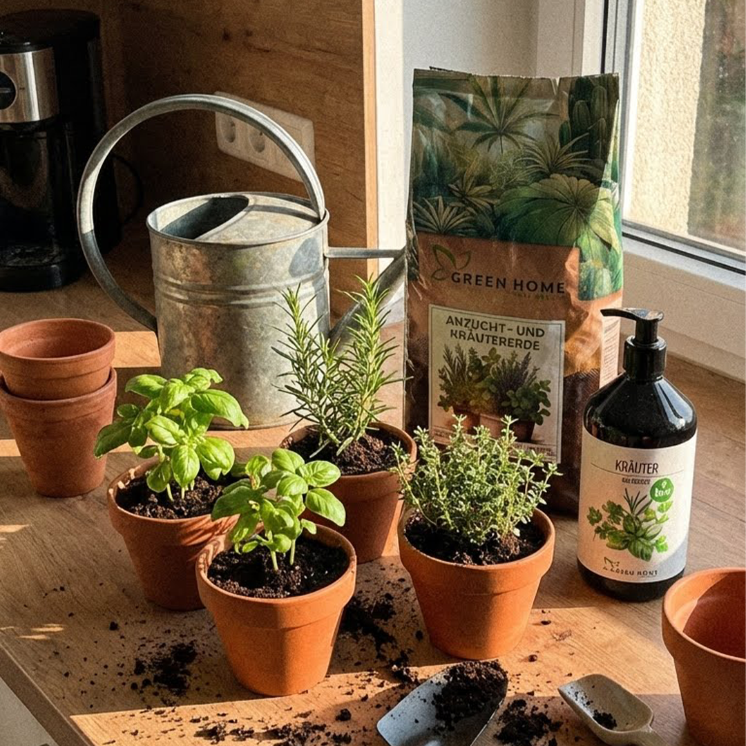 Kräutertöpfe in der Küche mit Green Home Anzucht- und Kräutererde sowie Bio Kräuterdünger.