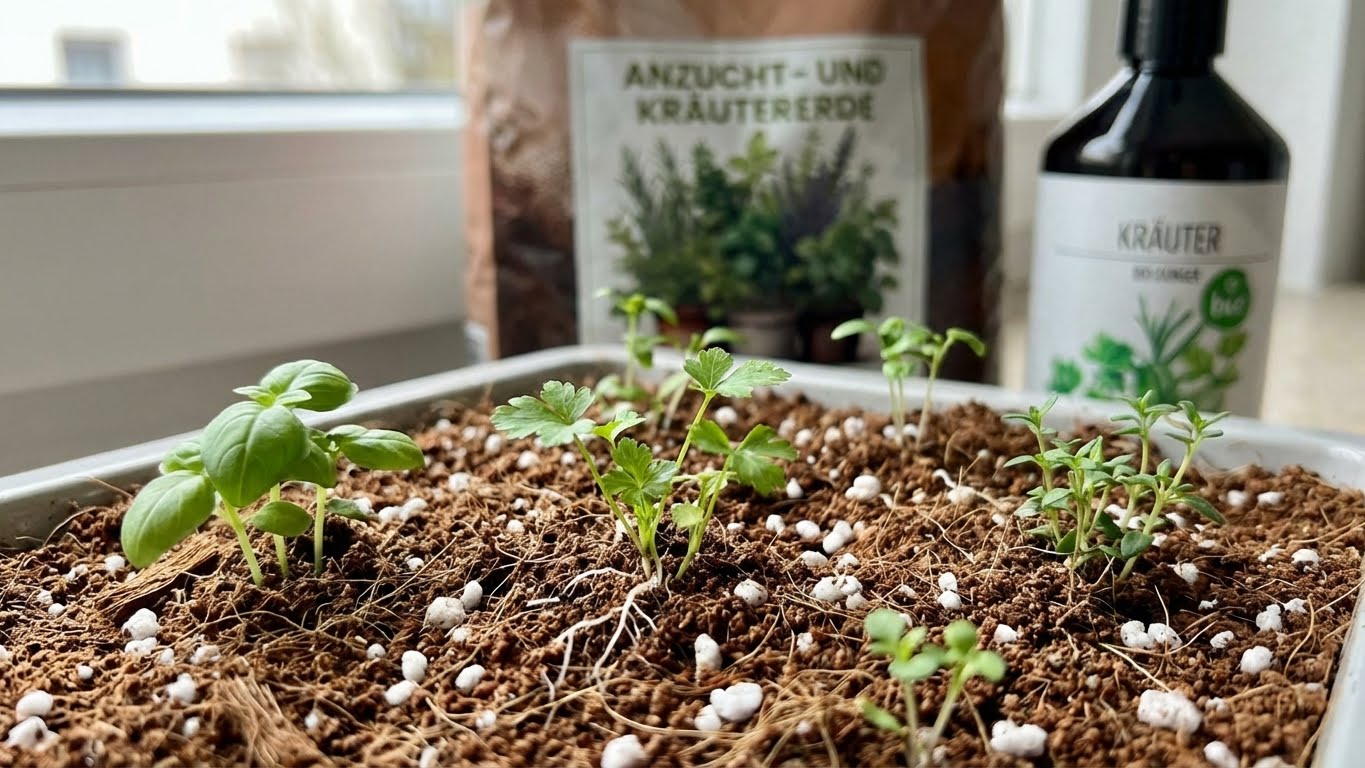 Junge Kräuterkeimlinge wachsen in lockerer Anzucht- und Kräutererde mit Perlite für optimale Wurzelbildung.