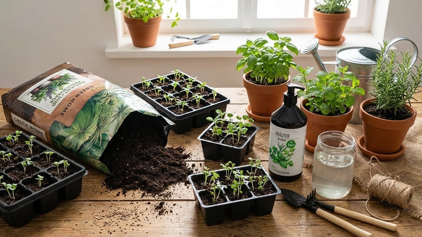Kräuteranzucht mit Green Home Anzucht- und Kräutererde, Bio Dünger und Jungpflanzen auf Holztisch.