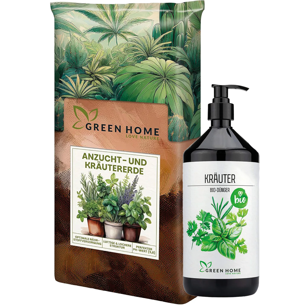 Green Home Kräuter Bundle bestehend aus Anzucht- und Kräutererde im Beutel und Bio-Kräuterdünger in Pumpflasche