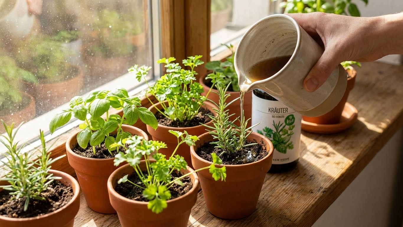 Frische Kräuter in Tontöpfen werden auf der Fensterbank mit Green Home Bio Kräuterdünger gepflegt.