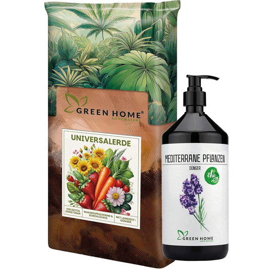 Green Home Mediterran Bundle mit Universalerde und Bio-Dünger für mediterrane Pflanzen wie Lavendel, Oliven und Zitrusgewächse.