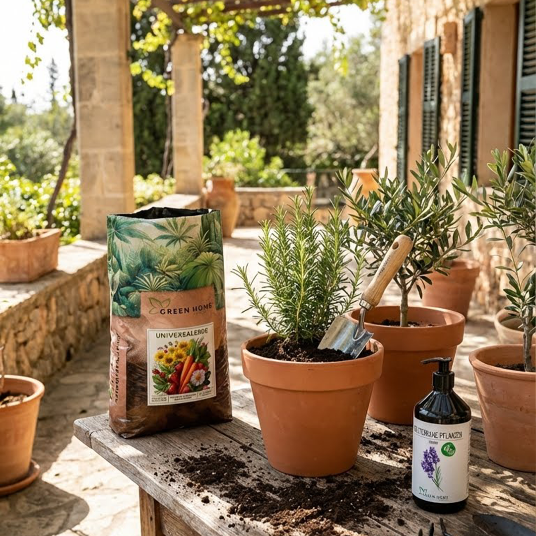 Mediterrane Terrasse mit Oliven- und Kräuterpflanzen, Universalerde und Bio-Dünger für Topf und Garten.
